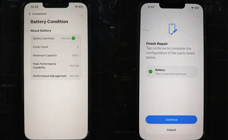 Baterie iPhone 12 uzată înainte de înlocuire — Stare baterie 77% degradată, 1393 de cicluri, avertisment Service