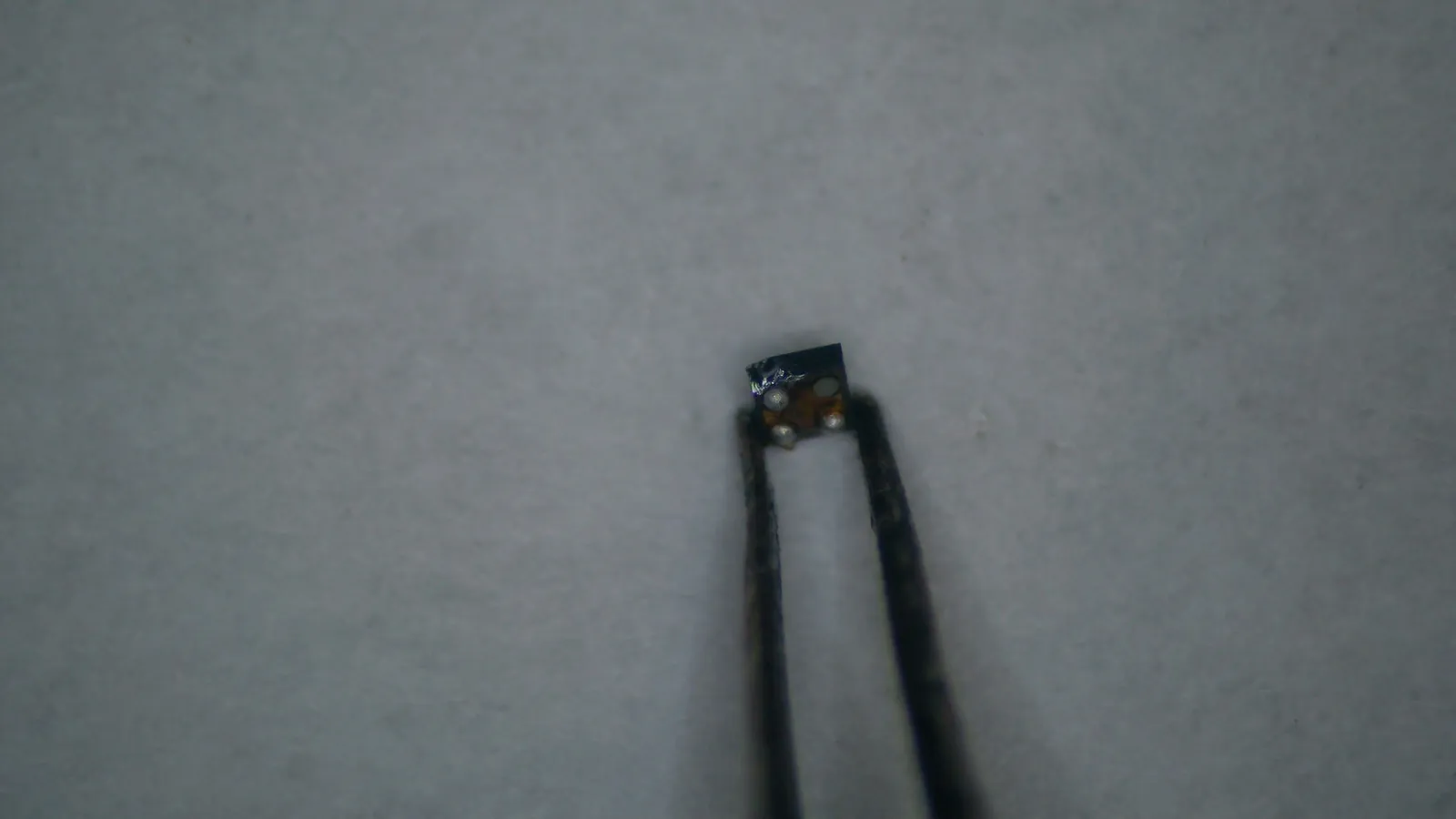 Cipul defect ținut în pensetă, pentru a arăta cât de mic este comparativ cu vârful pensetei