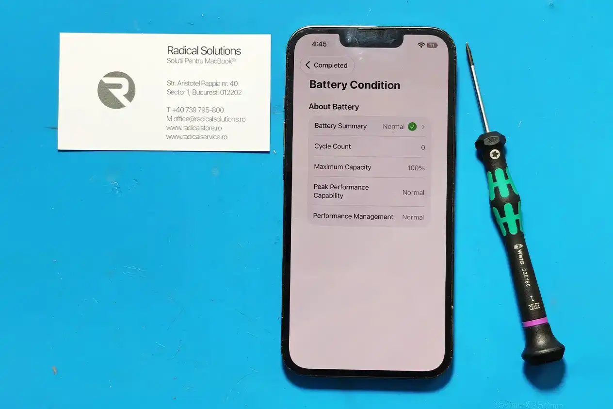 iPhone 14 after — battery at 100% capacity, 0 cycles, Normal state